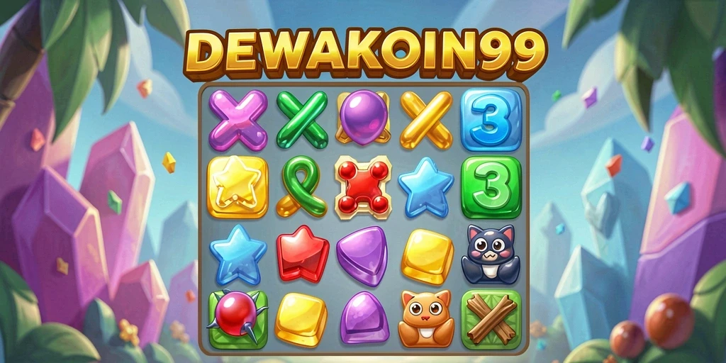 Screenshot DEWAKOIN99 menampilkan gameplay Match-3 yang penuh warna.