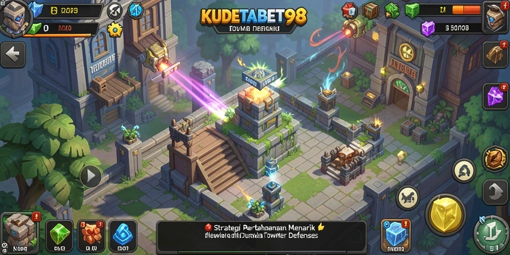 Screenshot gameplay menampilkan pertahanan menara yang strategis di KUDETABET98.