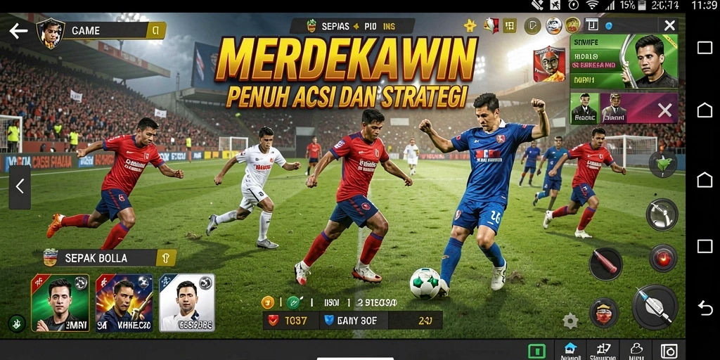 Screenshot gameplay MERDEKAWIN yang mendebarkan di lapangan sepak bola.