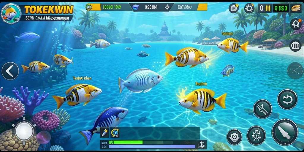 Tampilan gameplay <strong>TOKEKWIN</strong> dengan suasana laut yang menakjubkan dan ikan berwarna-warni.