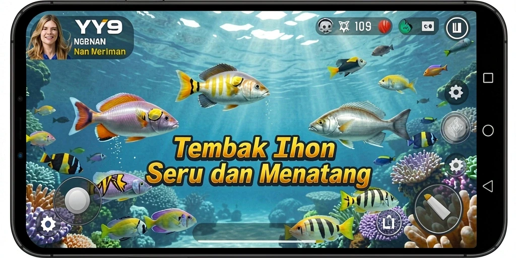 Gameplay seru Y89 dengan menembak ikan berwarna-warni.