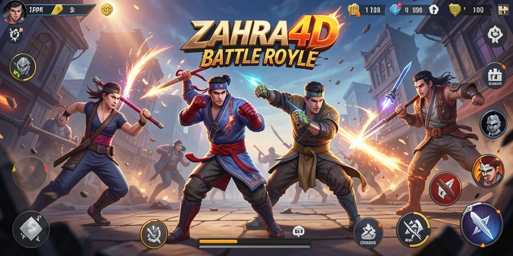 Tampilan gameplay ZAHRA4D di medan perang Battle Royale.